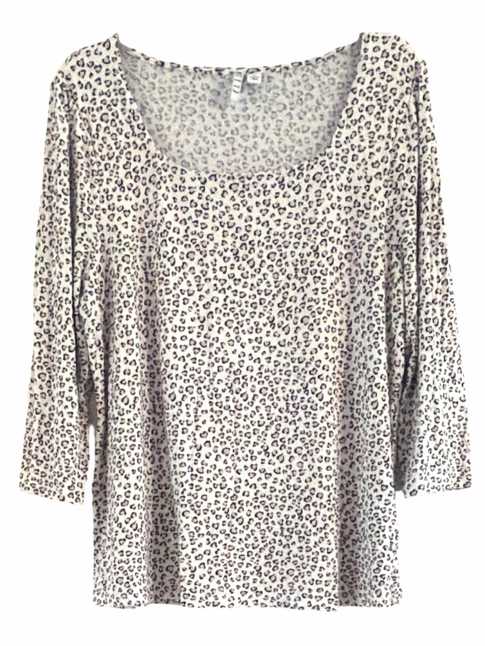 Elle Leopard Print Scoop Neck Knit Top Cream Black Animal Pattern 3/4 Sleeve XL